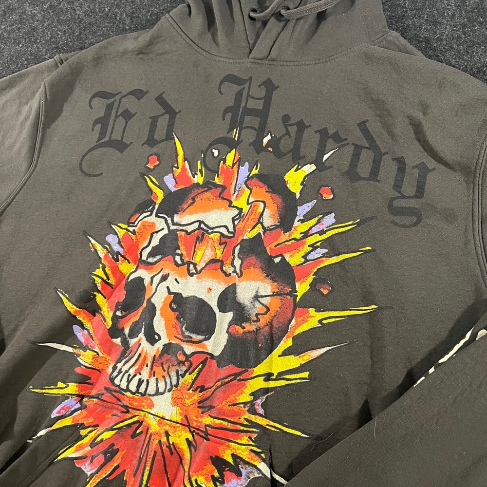 Ed Hardy Hoodie Mens XL Brown Exploding Skull Graphic Y2K Tattoo Art Streetwear